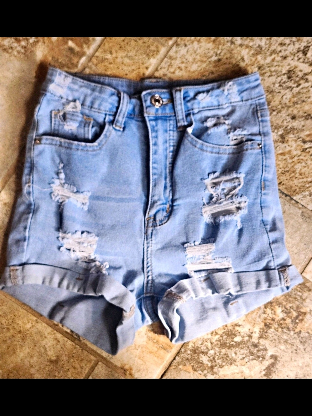 SHEIN Light Blue Distressed Rolled Hem Denim Shorts